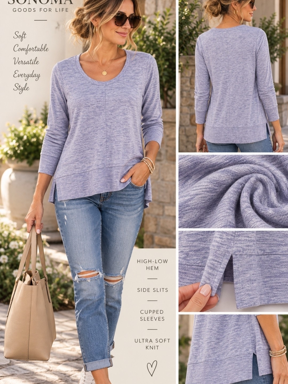 Sonoma Lavender Heathered Long Sleeve Top High Low Hem M Ultra Soft Oversized